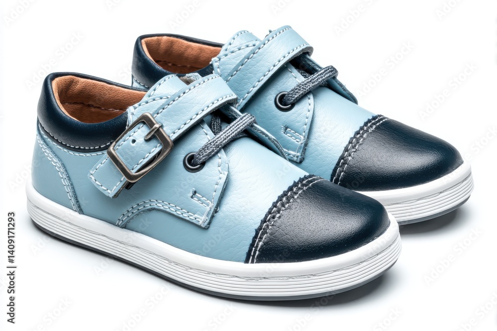 Naklejka premium Stylish Baby Shoes: Light Blue and Navy Leather Buckle Sneakers