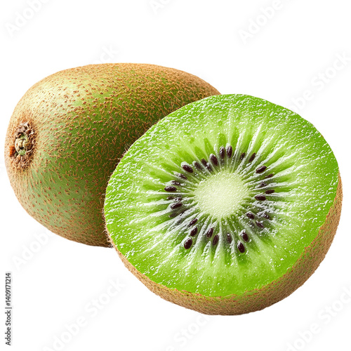 Juicy kiwi fruit cut in half isolated on a white transparent background.