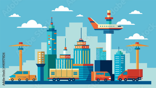 As cities grow taller and more complex eVTOLs serve as the ideal mode of transportation for cargo effortlessly gliding over traffic and congestion to reach their destination in. Vector illustration