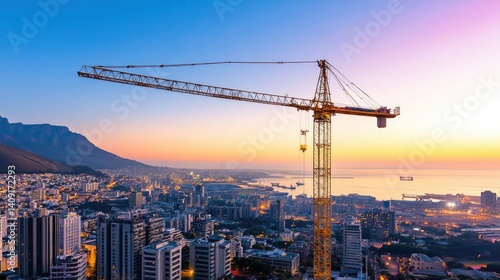 Construction Crane Overlooking Urban Landscape at Dusk with Majestic Mountain Backdrop