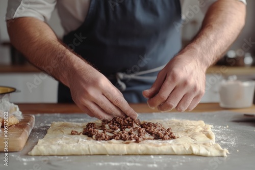 Man's hands preparing deep-fried meat pies with dough on kitchen counter. Concept of deep-fried meat pies preparation includes Chebureki, unfolding culinary creativity.