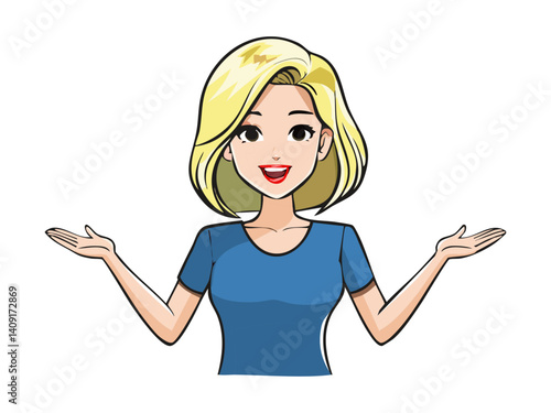 両手を広げて説明をするセラピスト風の金髪女性の上半身イラスト3