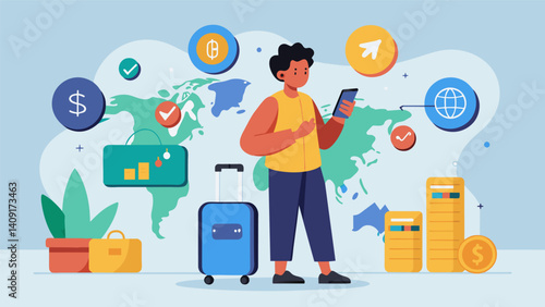 A person traveling internationally uses a personal finance app to track their expenses and monitor currency exchange rates.. Vector illustration
