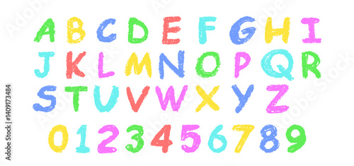 Colorful vector illustration of the English alphabet and numbers 0-9, hand-drawn in a crayon, chalk, pastel, or wax style. Highlighter effect on a board, perfect for kindergarten drawing and learning.