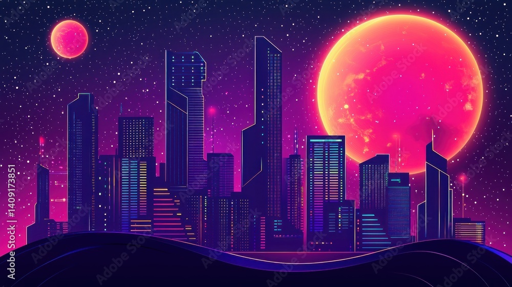 Fototapeta premium Futuristic city skyline at night, under a vibrant pink alien moon. High-rise buildings illuminated with colorful neon lights, futuristic design.