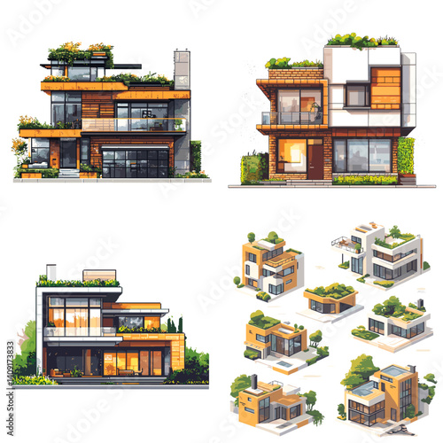 Modern eco-friendly house illustrations in isometric and front view. Perfect for real estate, architecture portfolios, urban planning, or sustainable living design projects.

