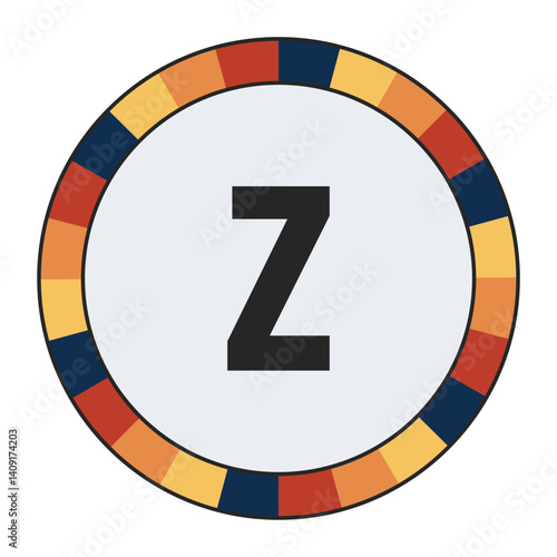 Modern lowercase Letter z with Orange to Yellow Gradient, Framed by Vibrant Blue, Red, and Yellow Segments, enclosed in a black frame.