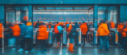 Crowded Entrance, Busy Subway, Exit Gate, Blurred People