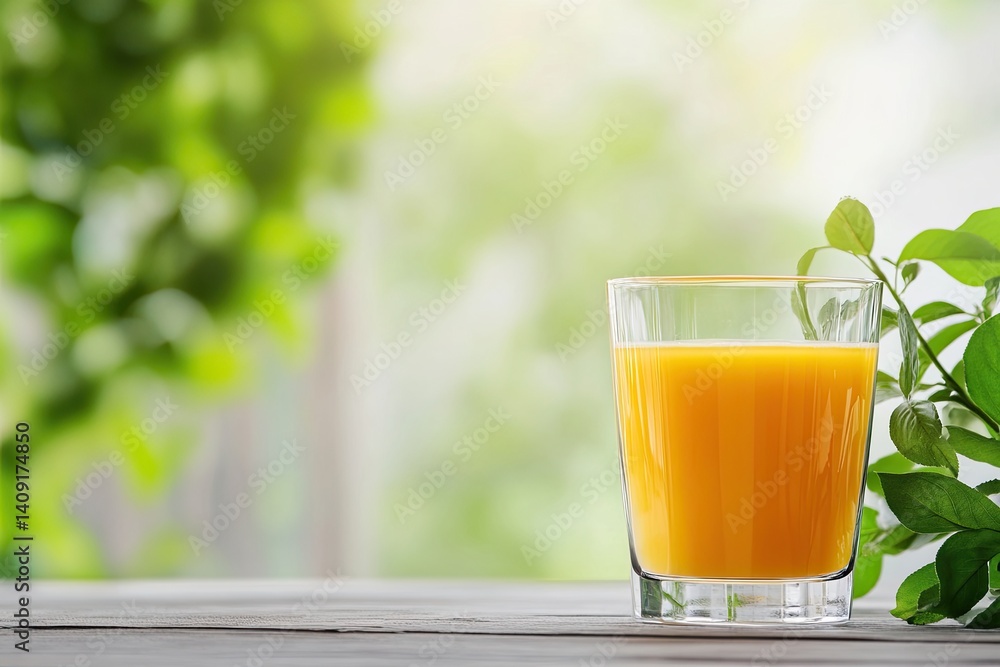 Fototapeta premium Peach juice in a glass, blurred background for text