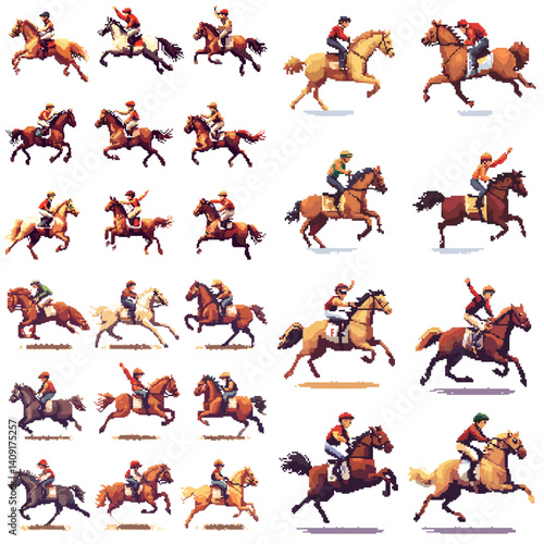 Pixel art collection of horse racing jockeys in dynamic action poses. Retro style sprites ideal for games, animations, sports apps, or equestrian-themed digital content.

