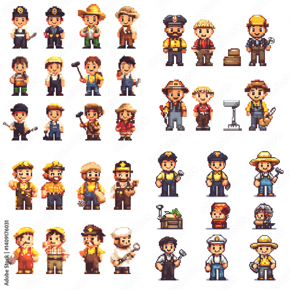 Pixel art collection of workers and professionals in various uniforms and tools. Great for retro games, job role sprites, labor-themed assets, and character design for simulations.
Pixel art collection of workers and professionals in various uniforms and tools. Great for retro games, job role sprites, labor-themed assets, and character design for simulations.