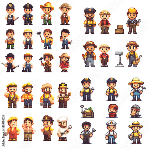 Pixel art collection of workers and professionals in various uniforms and tools. Great for retro games, job role sprites, labor-themed assets, and character design for simulations.

