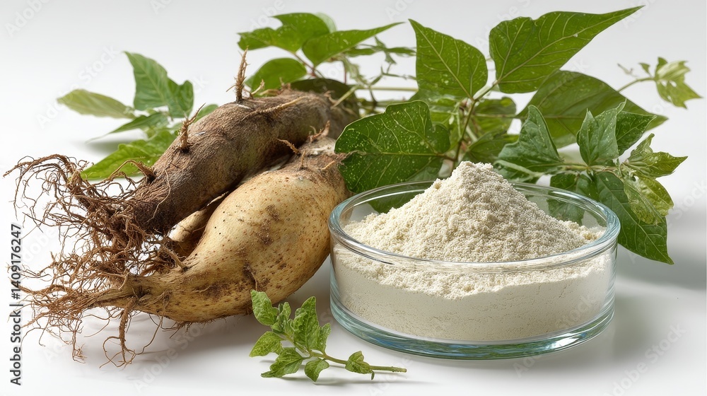 The wild yam extract is a dry white powder, placed in a culture dish with large, oval shaped wild yam plants next to it, showcasing its natural source and medicinal properties.