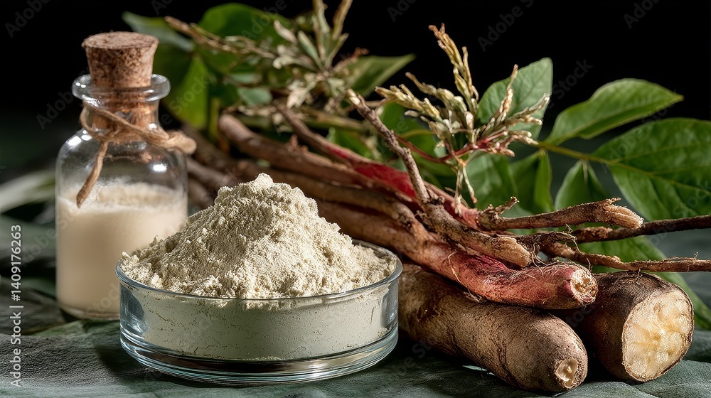 Fototapeta premium The wild yam extract is a dry white powder, placed in a culture dish with large, oval shaped wild yam plants next to it, showcasing its natural source and medicinal properties.