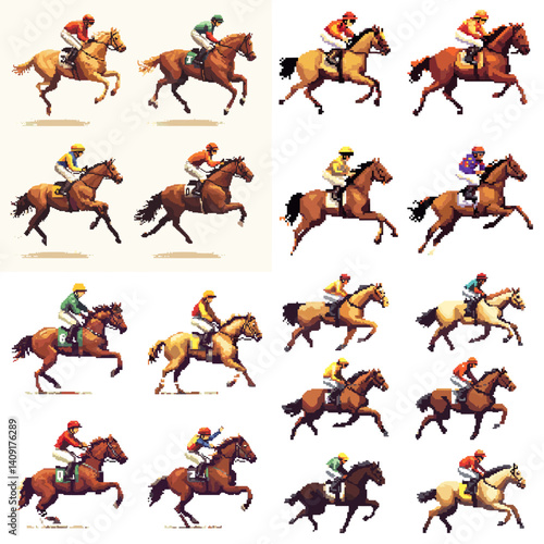 Pixel art collection of jockeys riding horses in motion, perfect for retro racing games, equestrian sprites, sports animation, and classic arcade-style horse racing illustrations.

