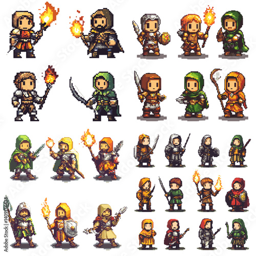 Pixel art collection of medieval fantasy warriors and mages with weapons and fire effects. Ideal for RPG games, character sprites, fantasy adventures, and retro-style game assets.

