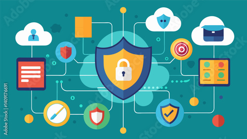 A virtual wall of defense mechanisms shielding a network from unauthorized access and data breaches.. Vector illustration