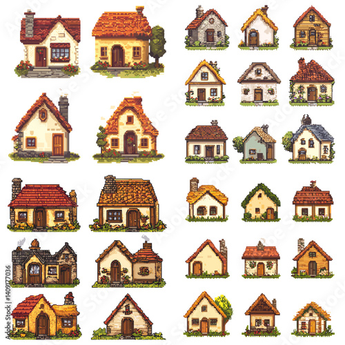 Pixel art collection of charming fairytale-style cottages with various roof and window designs. Perfect for retro games, fantasy maps, village scenes, and architectural sprites.

