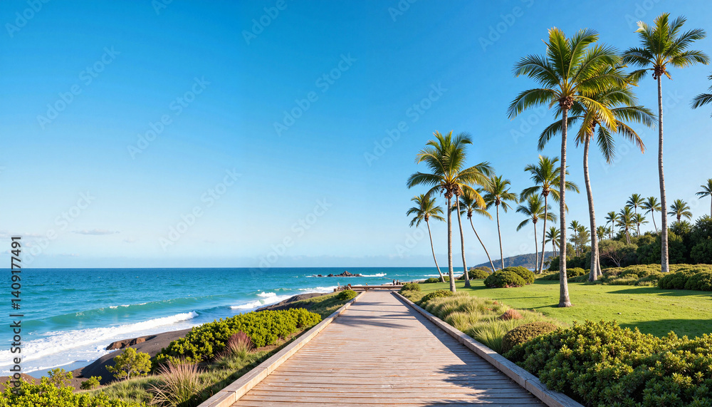 Serene ocean view with palm trees and pathway under blue sky Serene ocean view with palm trees and pathway under blue sky