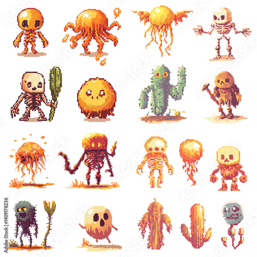 Pixel art monsters including skeletons, jelly creatures, and cactus mutants in fantasy style. Ideal for retro games, RPG character sprites, enemy design, and pixelated creature packs.


