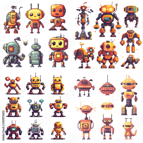Collection of colorful pixel art robots in various shapes and designs. Ideal for retro games, sci-fi themes, futuristic tech concepts, character sprites, and digital collectibles.

