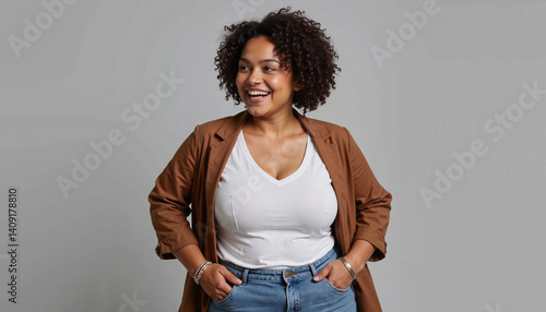 Happy young woman smiling, standing confidently, in minimalist studio setting