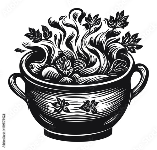 Vintage Engraving of a Decorative Bowl with Leaves and Smoke