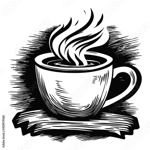 Vintage Engraving of a Steaming Cup of Coffee in Black and White