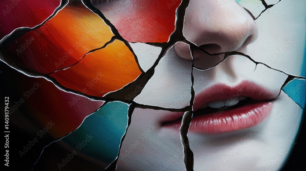 Fototapeta premium Colorful cracked face portrait, close-up, abstract background, possible use for art prints
