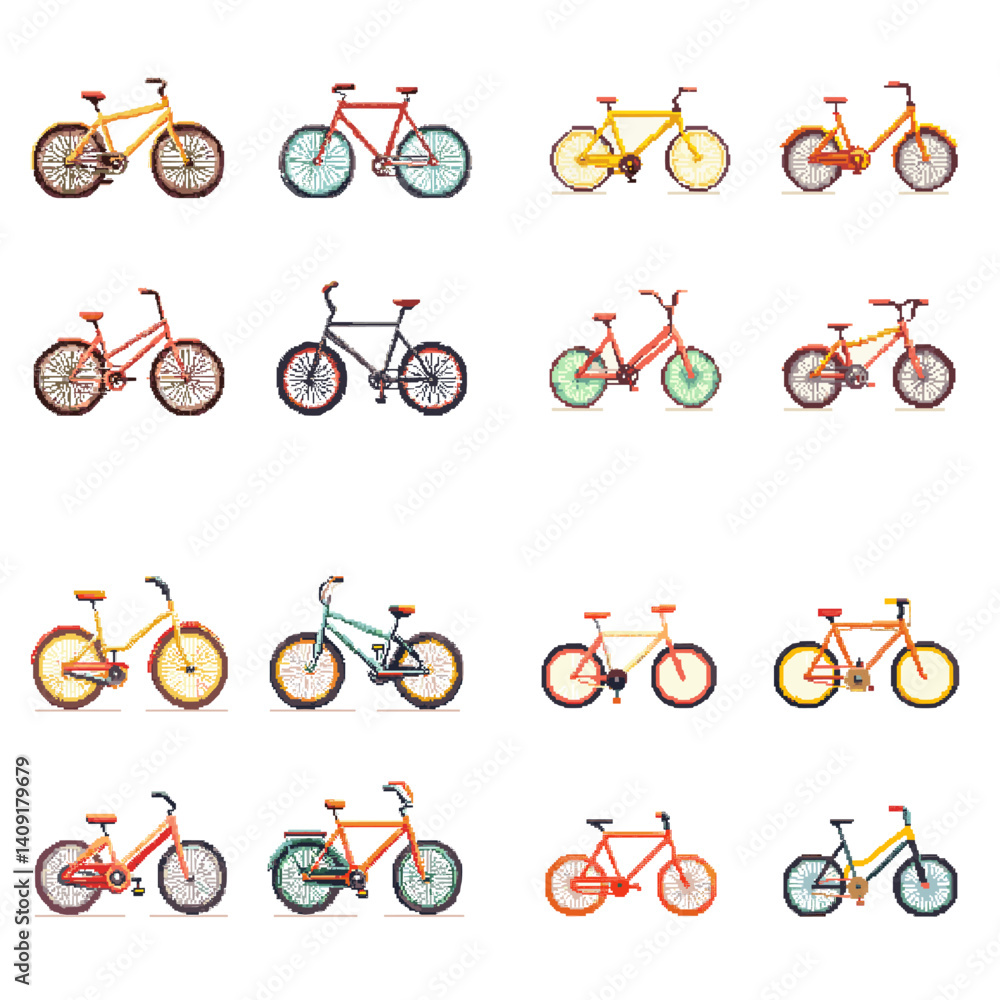 Colorful pixel art bicycle collection featuring various bike types and styles. Ideal for game assets, urban mobility concepts, retro designs, and active lifestyle illustrations.
Colorful pixel art bicycle collection featuring various bike types and styles. Ideal for game assets, urban mobility concepts, retro designs, and active lifestyle illustrations.