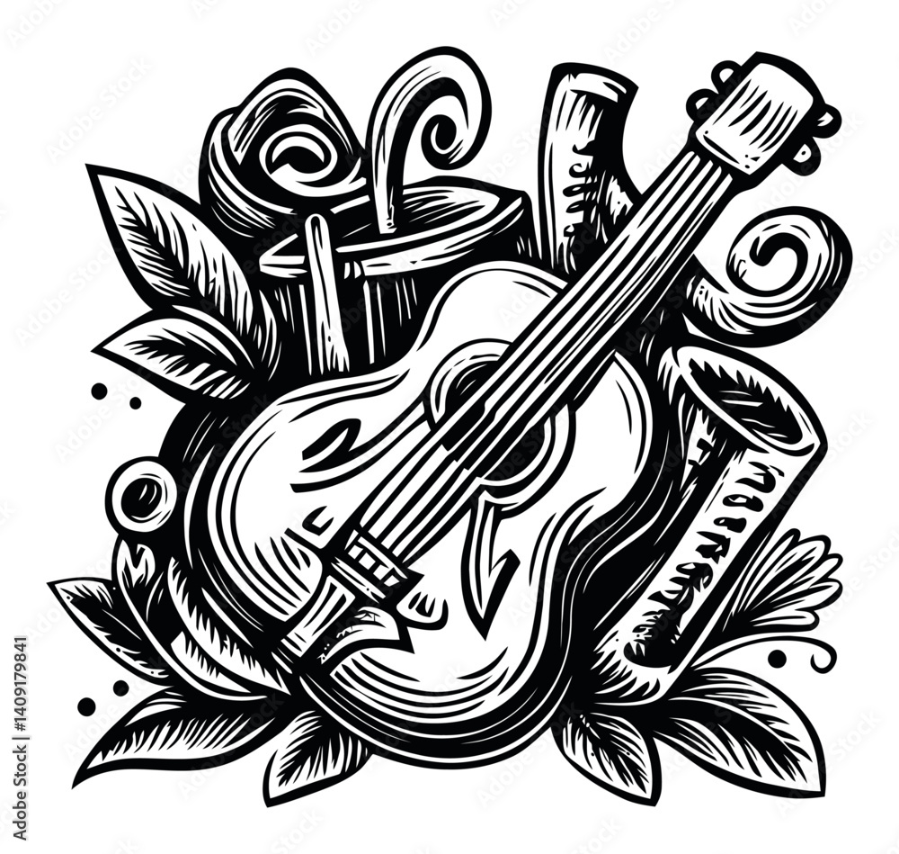 Intricate Engraved Design Featuring Guitar and Floral Elements Intricate Engraved Design Featuring Guitar and Floral Elements