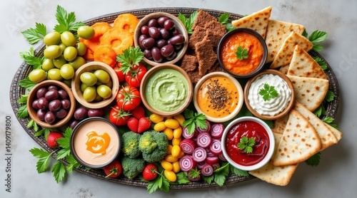 Wallpaper Mural Delicious assortment of food, A vibrant platter featuring assorted dips, fresh vegetables, fruits, and pita bread, perfect for sharing and enjoying healthy snacks. Torontodigital.ca