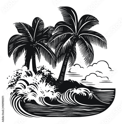 Black and White Engraving of Tropical Landscape with Palm Trees