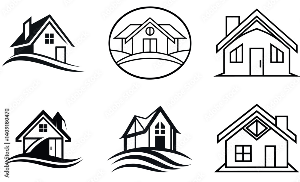 Fototapeta premium House Icon Set, Modern Real Estate Home Vector Logos Black and White