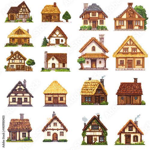 Collection of charming pixel art cottages and houses with rustic designs. Perfect for game assets, medieval or fantasy maps, architectural sprites, and village-building projects.

