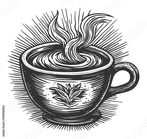 Vintage Engraving of a Decorative Coffee Cup with Steam