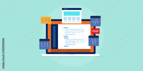 Website development service, CSS coding with brackets displays on programming language interpreter dashboard on laptop screen.