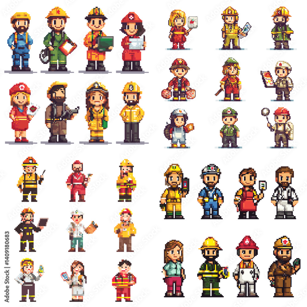 Pixel art collection of diverse professionals including firefighters, doctors, engineers, and workers. Perfect for games, character design, job icons, and educational visuals.
Pixel art collection of diverse professionals including firefighters, doctors, engineers, and workers. Perfect for games, character design, job icons, and educational visuals.