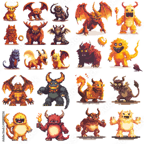 Pixel art collection of fantasy monsters with horns, wings, claws, and fire. Perfect for game assets, retro-style character design, RPGs, and pixel-based fantasy creatures.

