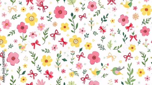 Spring Floral Pattern with Flowers, Bows, and Birds