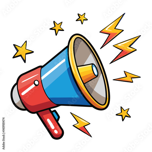 Cartoon Megaphone with Cartoon Stars and Lightning