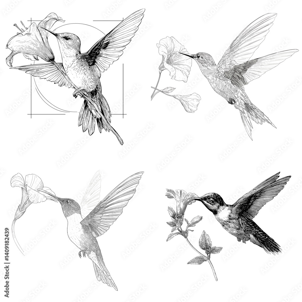 Obraz premium Elegant pencil sketches of hummingbirds feeding on flowers, showcasing fine linework and natural poses. Ideal for nature illustrations, bird studies, and vintage art collections.