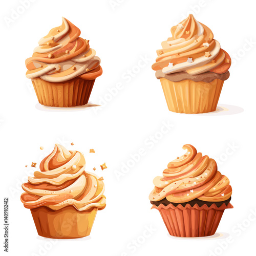 Tasty cupcakes with rich frosting and sprinkles in warm tones, ideal for bakery menus, dessert branding, celebration graphics, and sweet food illustrations.

