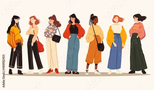 Colorful flat vector of stylish women expressing individuality and modern style, suitable for social media, branding, or design projects.