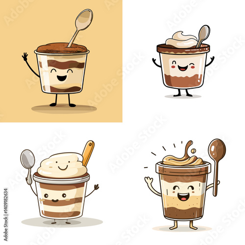 Adorable cartoon desserts in cups with happy faces and spoons, perfect for food illustrations, kawaii designs, cafe branding, and sweet treat character collections.

