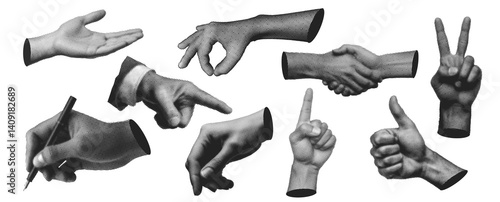 Collection hand gesture halftone effect, Collage Style, 90s  Illustration, point Style