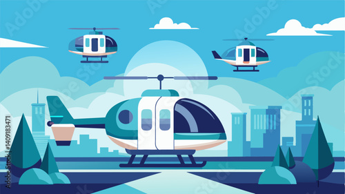 With the quiet hum of their electric engines the air taxis arrive at the research station their advanced technology allowing for safe and efficient transportation in such a remote. Vector illustration