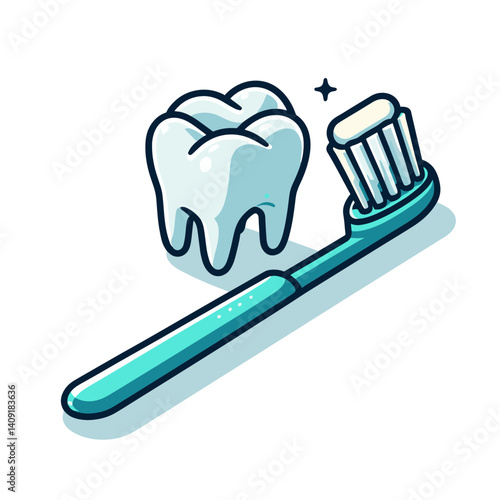 Tooth and toothbrush in mint green color on white background. Perfect for dental care, oral hygiene or dentist clinic illustrations.
