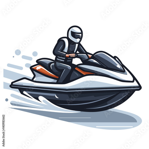 Person riding jet ski in black and white colors with motion effect. Perfect for water sports, summer recreation or seaside adventure illustrations.