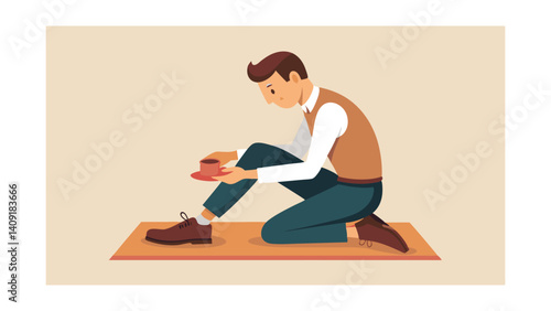 Man Oiling Leather Shoes on Small Mat